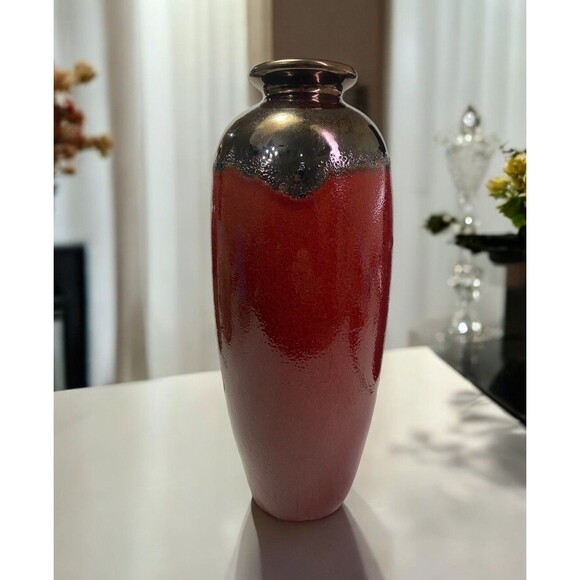 Pottery Vase Glossy Glaze Vase Table Top Home Decor Copper Maroon Red Art Deco - Picture 1 of 11